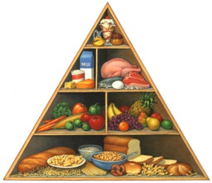Piramida Makanan (Kelompok paling bawah adalah makanan2 sumber energi, kelompok di atasnya adalah makanan sumber zat pengatur, dan dua kelompok teratas adalah makanan sumber zat pembangun)